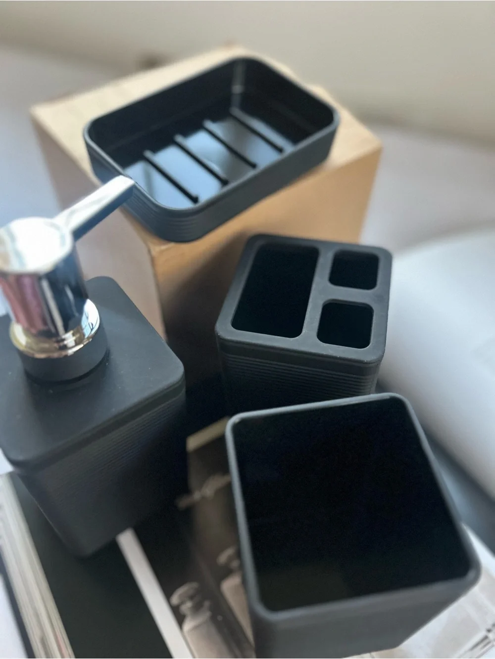 Black Ribbed Bathroom Accessory Set - 4 Piece